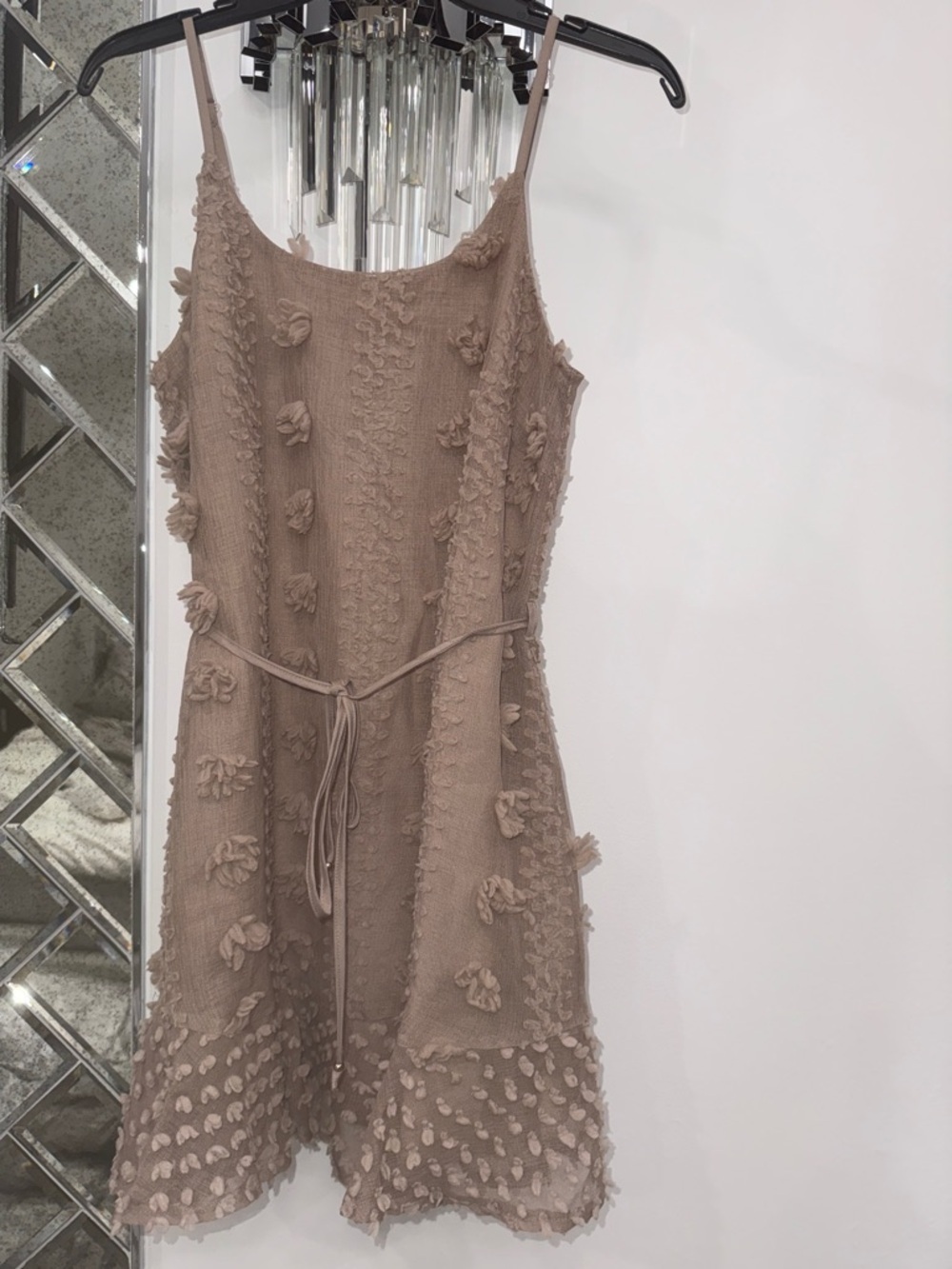 Simplee Sleeveless Taupe floral Textured Tie-Waist short flowy Dress